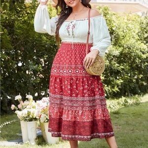 Off the Shoulder Embroidered Top and Paisley Print Skirt